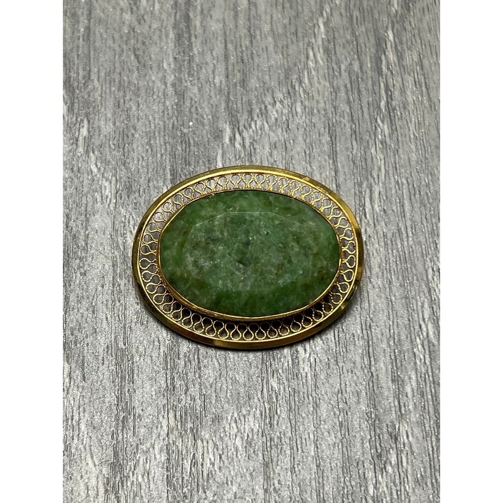Danecraft 1/20 12k Gold Filled Green Aventurine Faceted Oval Filigree Brooch Pin